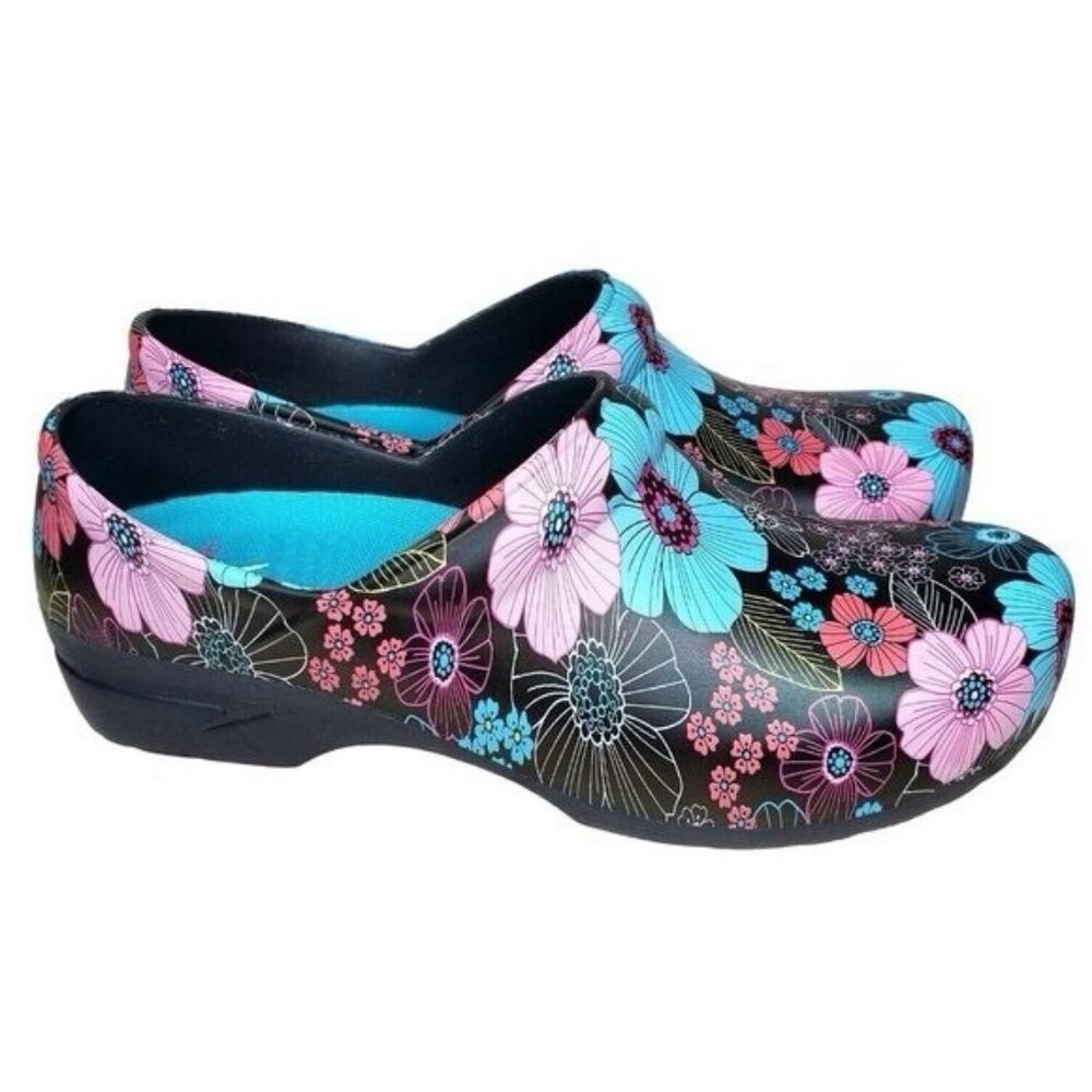 Black Floral Slip-On Clogs in Pink & Turquoise - Picture 3 of 15
